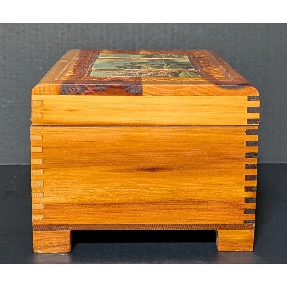 Vintage Hand Carved Cedar Wood Jewelry Keepsake Box Cottage Landscape 11